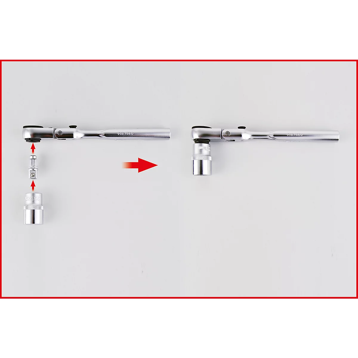 Schraubenschlüssel und Steckschlüssel. Das Werkzeug wird mithilfe eines Pfeils zusammengefügt.